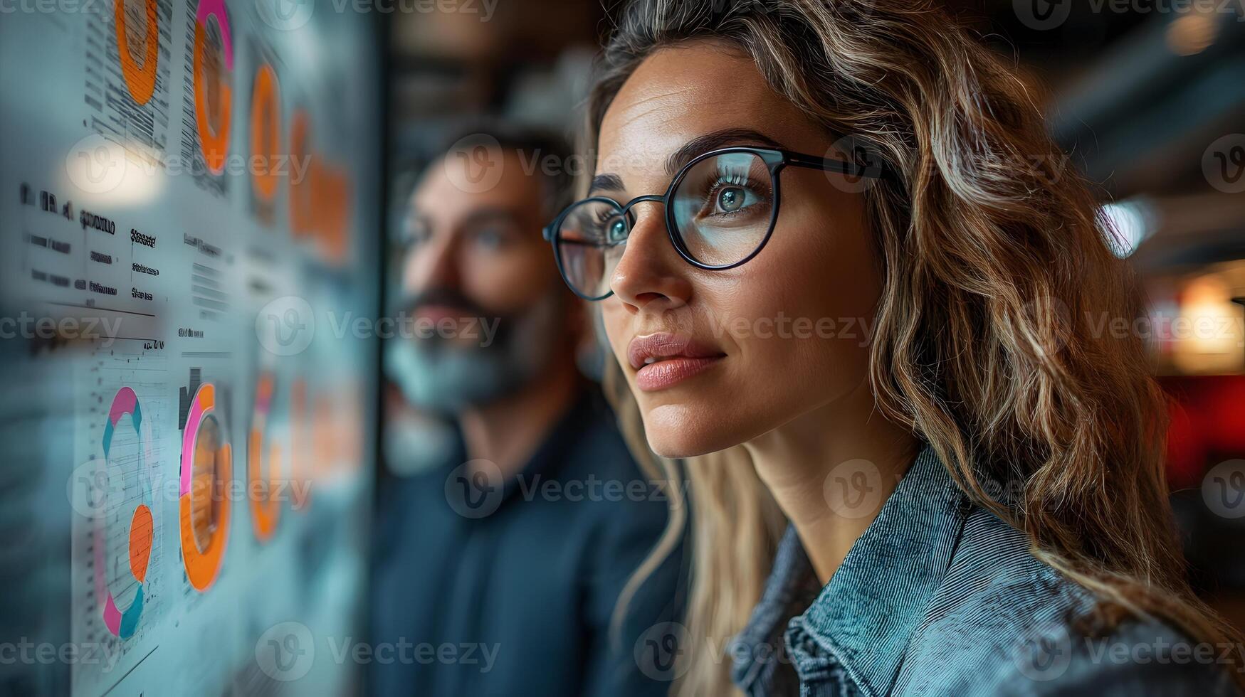Businesspeople in a collaborative workspace studying a printed infographic, engaged in deep discussion about future strategies and plans. photo