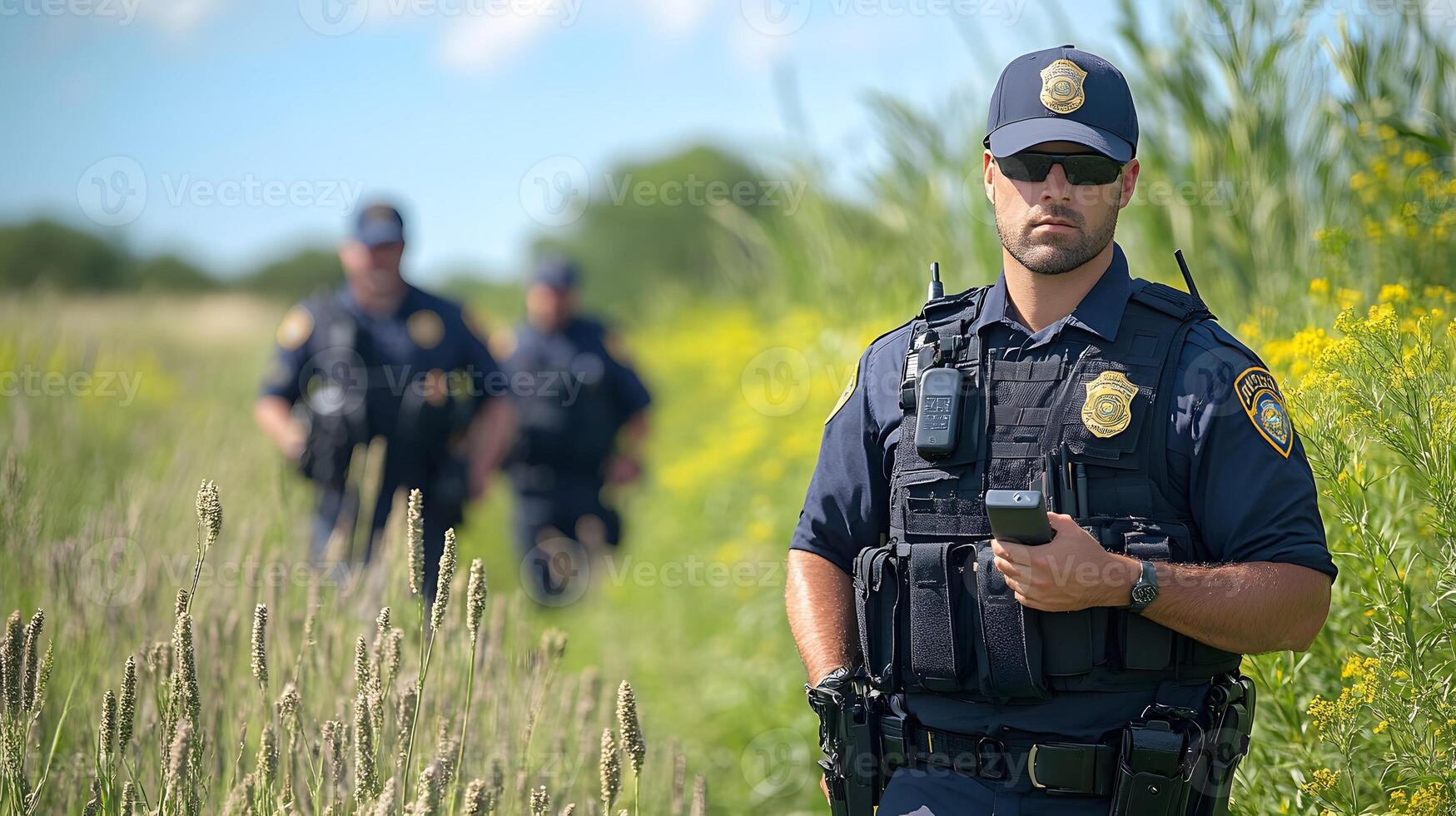 Law enforcement professionals with body-worn cameras and mobile data terminals actively engaged in a field investigation. photo