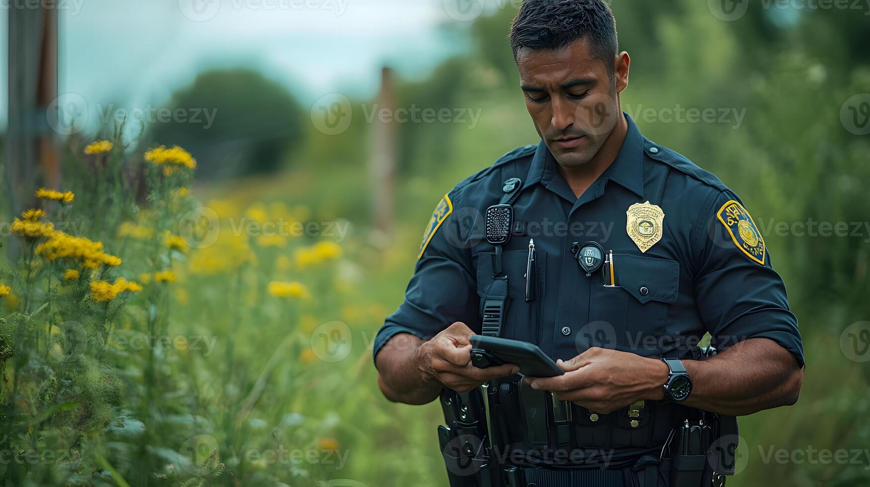 A police officer with a body cam on their uniform, consulting a GPS device to navigate and track locations during a field assignment. photo