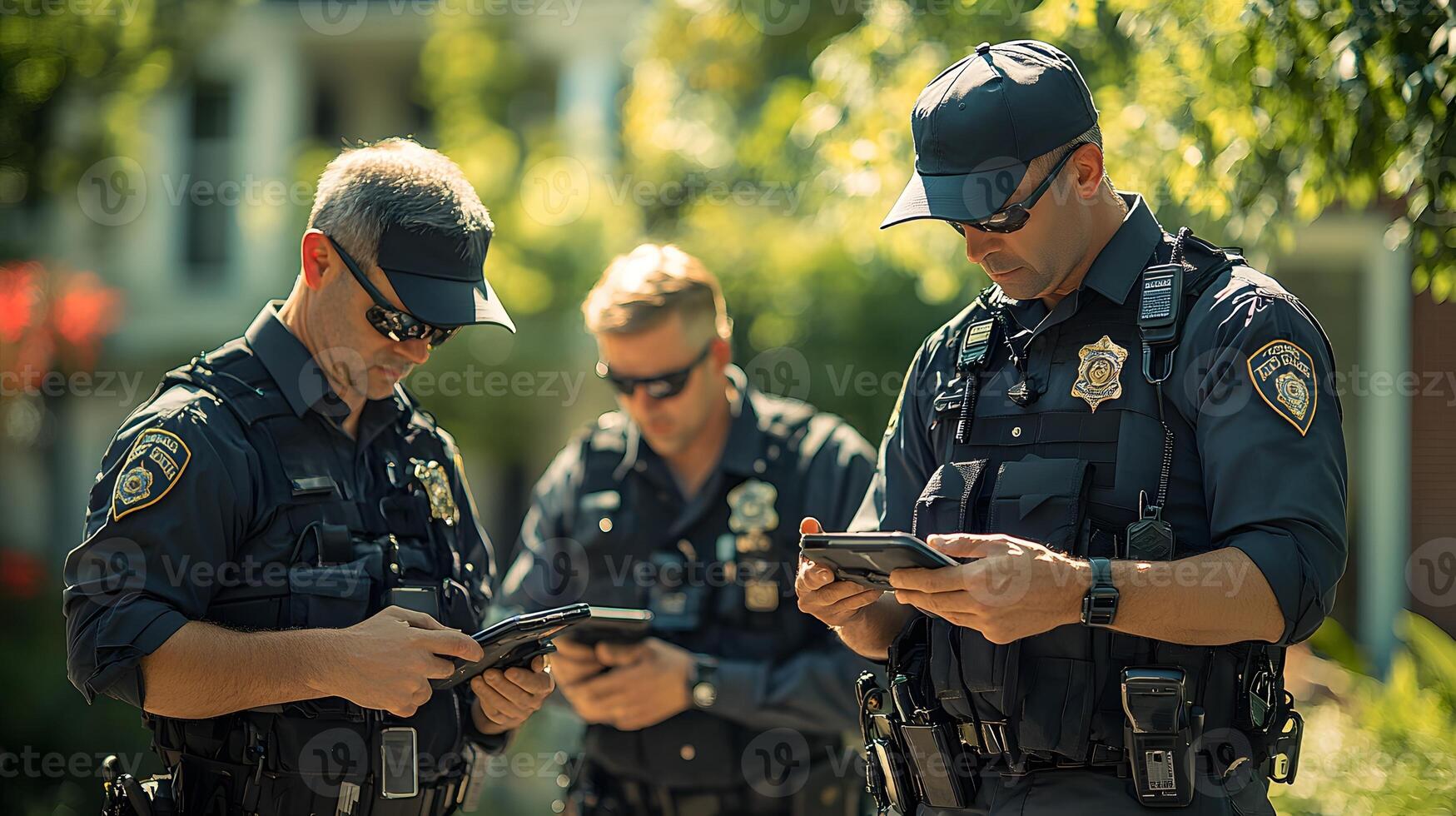 Law enforcement professionals with body-worn cameras and mobile data terminals actively engaged in a field investigation. photo