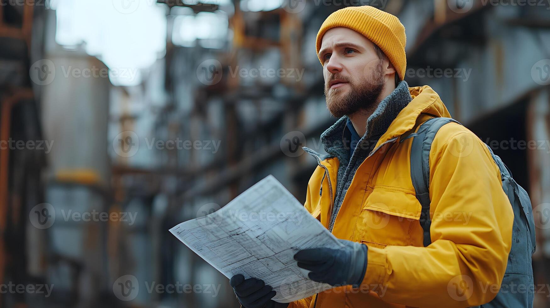 Engineer inspecting the integrity of building walls, focused on evaluating construction quality and standards photo