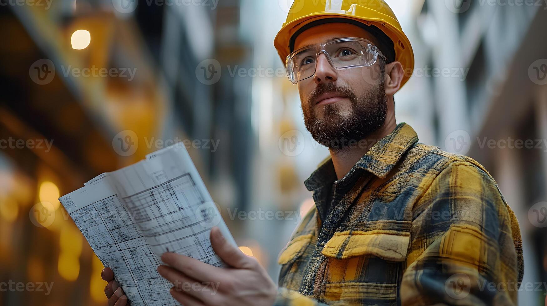 Engineer inspecting building walls closely, analyzing construction quality in a modern setting photo