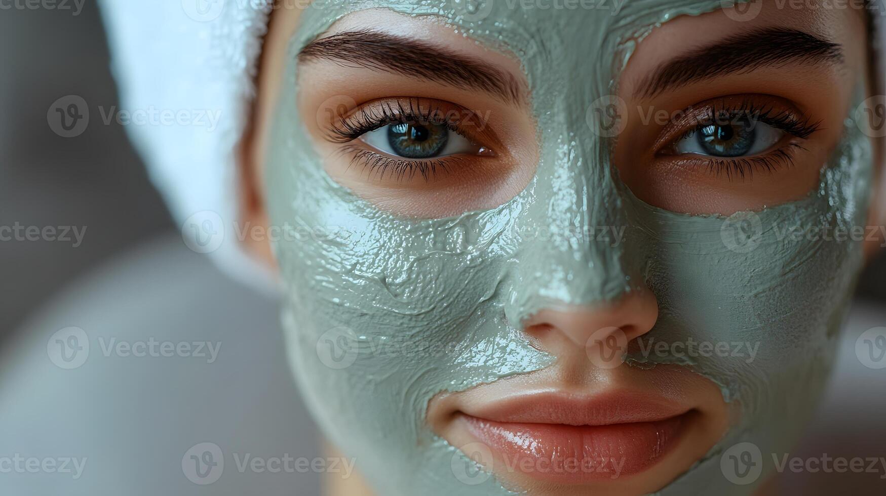 Young woman receiving facial mask treatment from expert staff in a serene beauty clinic environment photo