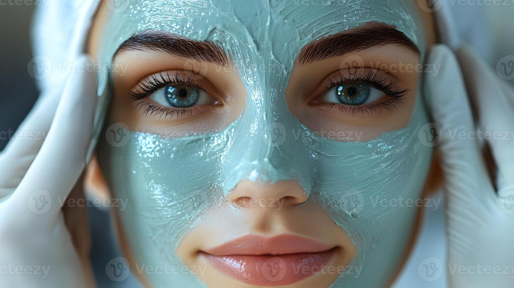 Young woman relaxing as beauty professionals apply facial mask in a modern beauty clinic photo
