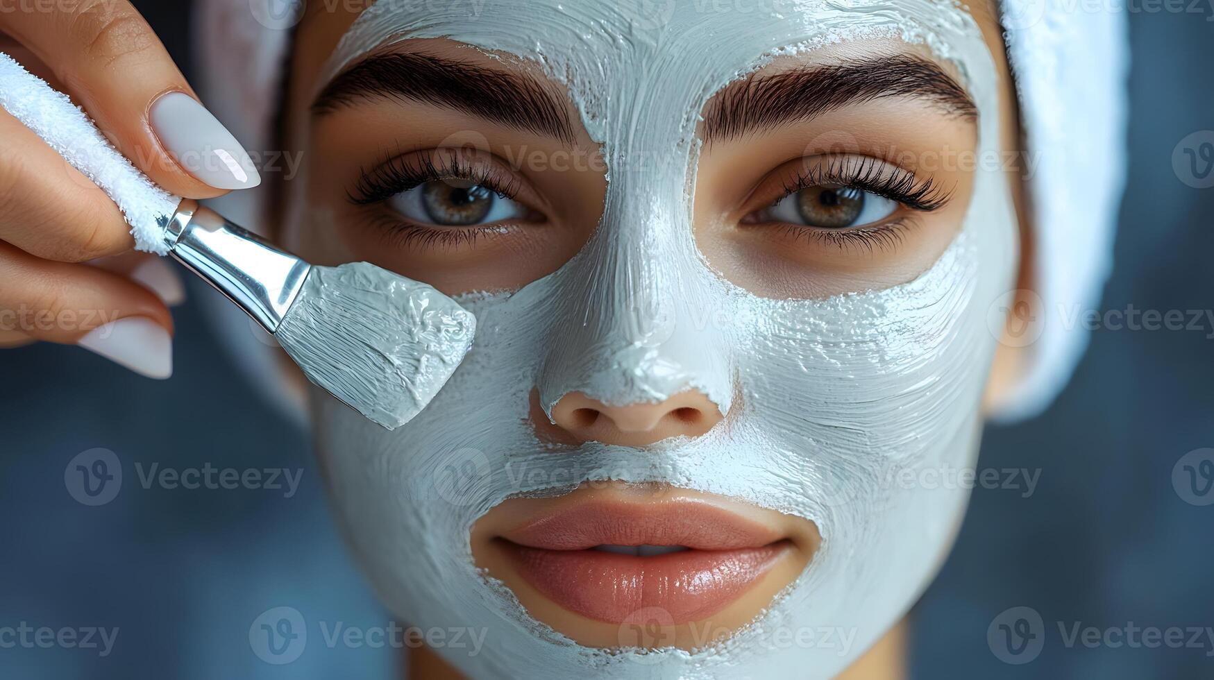 Skilled staff applying facial mask to young woman in a stylish beauty clinic setting photo