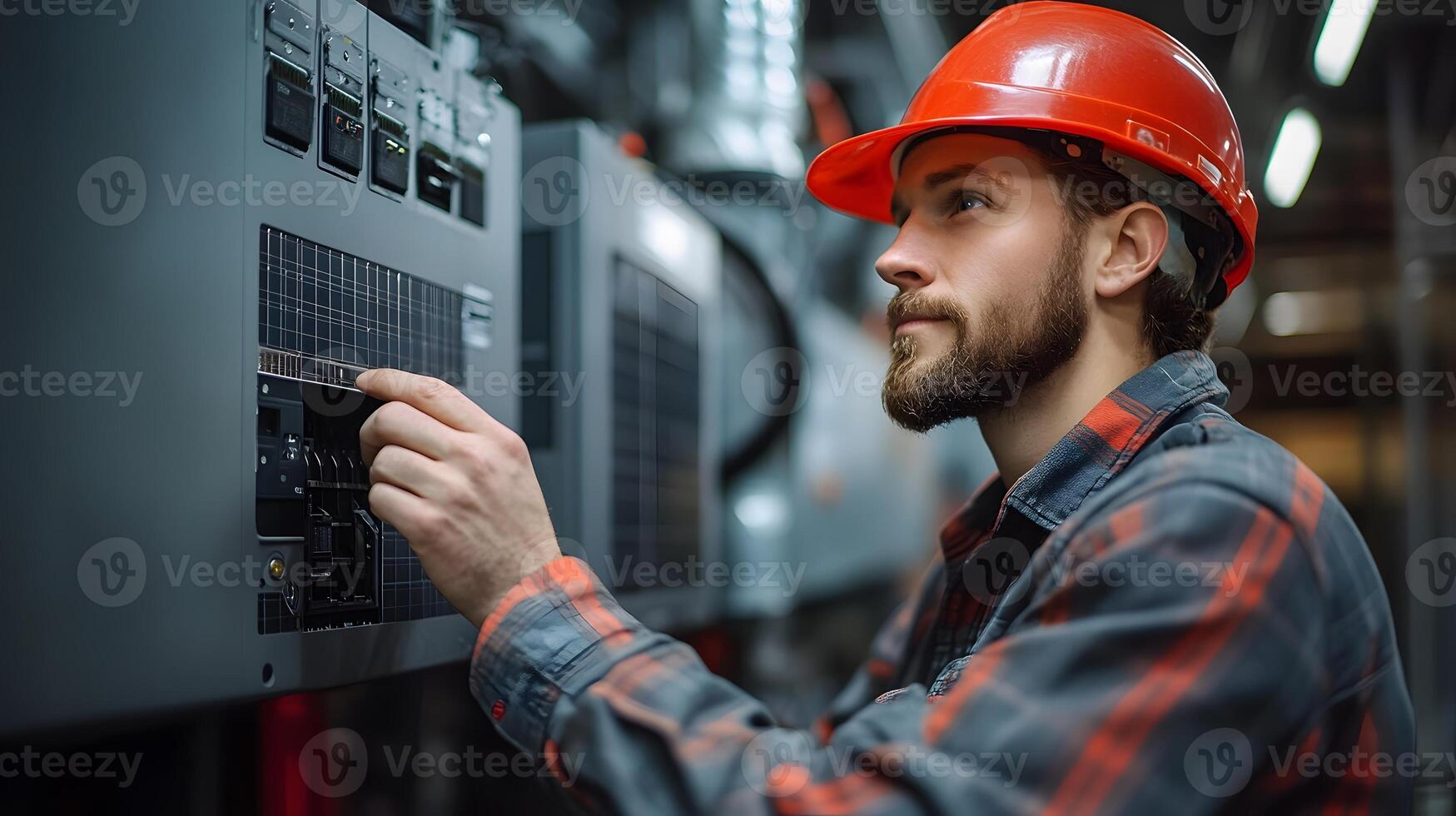 Clean energy installation technician configuring the inverter for solar panels, emphasizing the efficiency and precision required for large industrial setups. photo