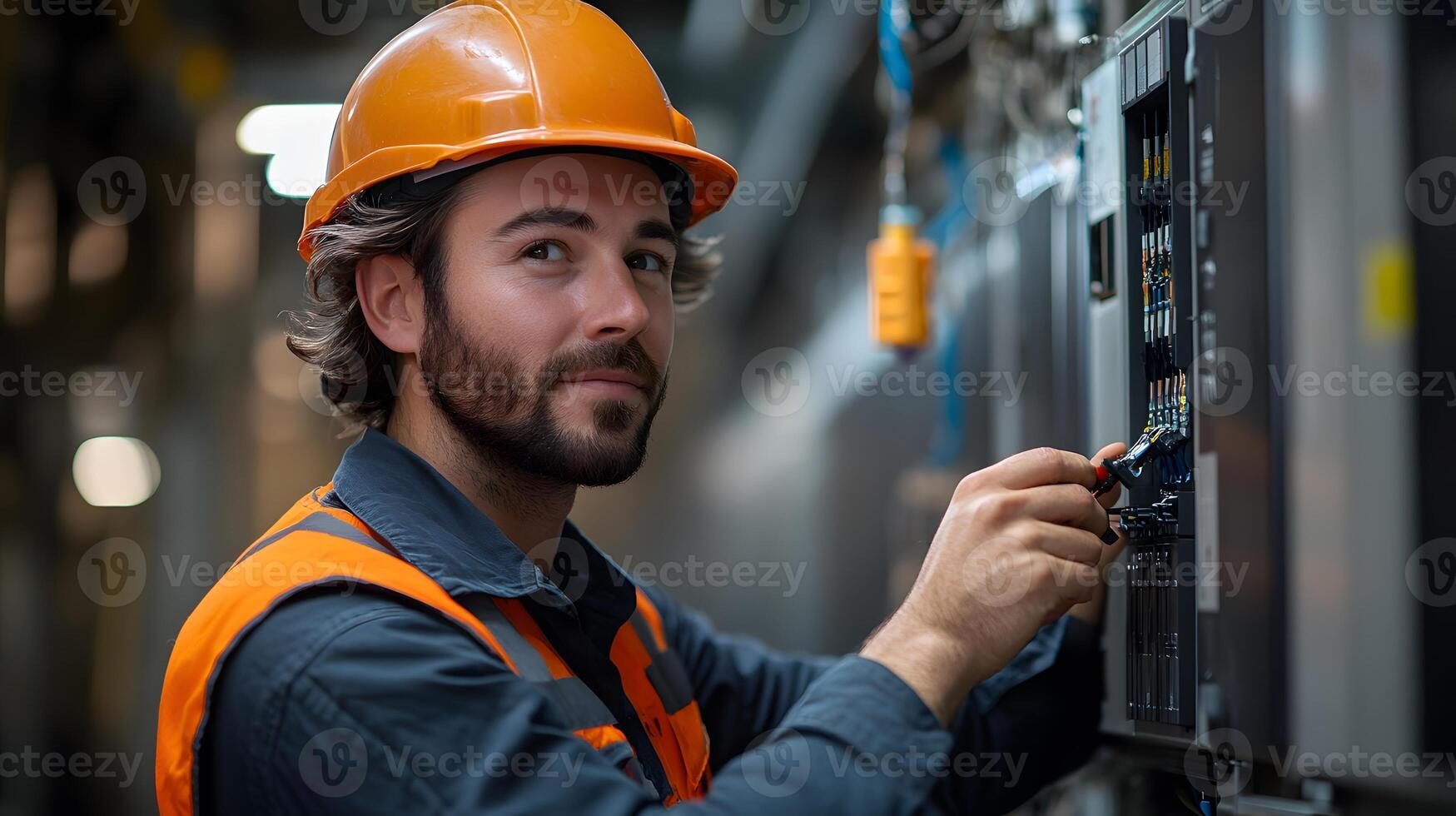 Solar technician completing the connection between panels and an inverter, focusing on sustainable energy solutions in a busy industrial environment. photo