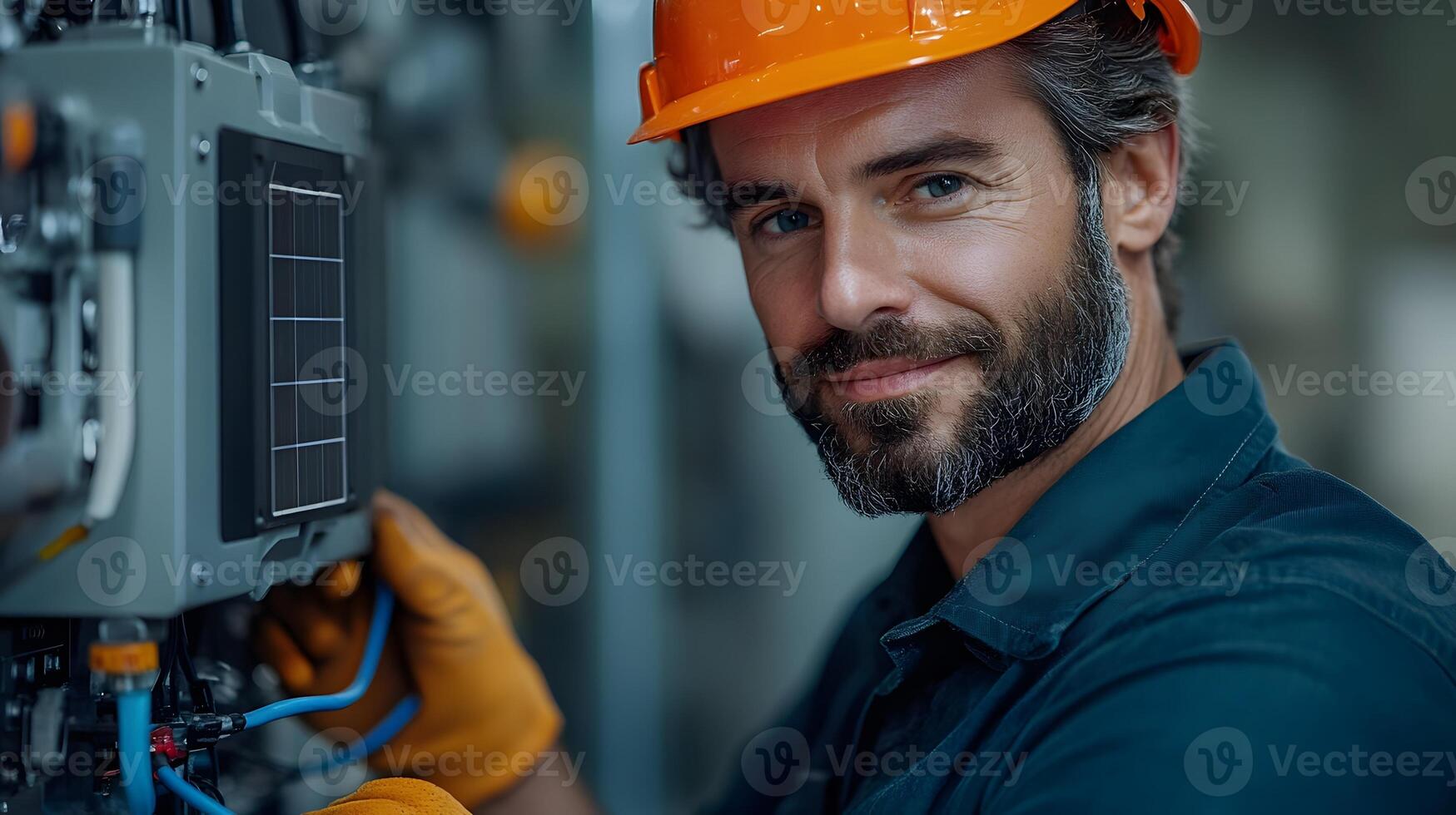 Solar energy expert carefully connecting an inverter to solar panels, part of a larger clean energy system in a sleek industrial facility with modern equipment. photo