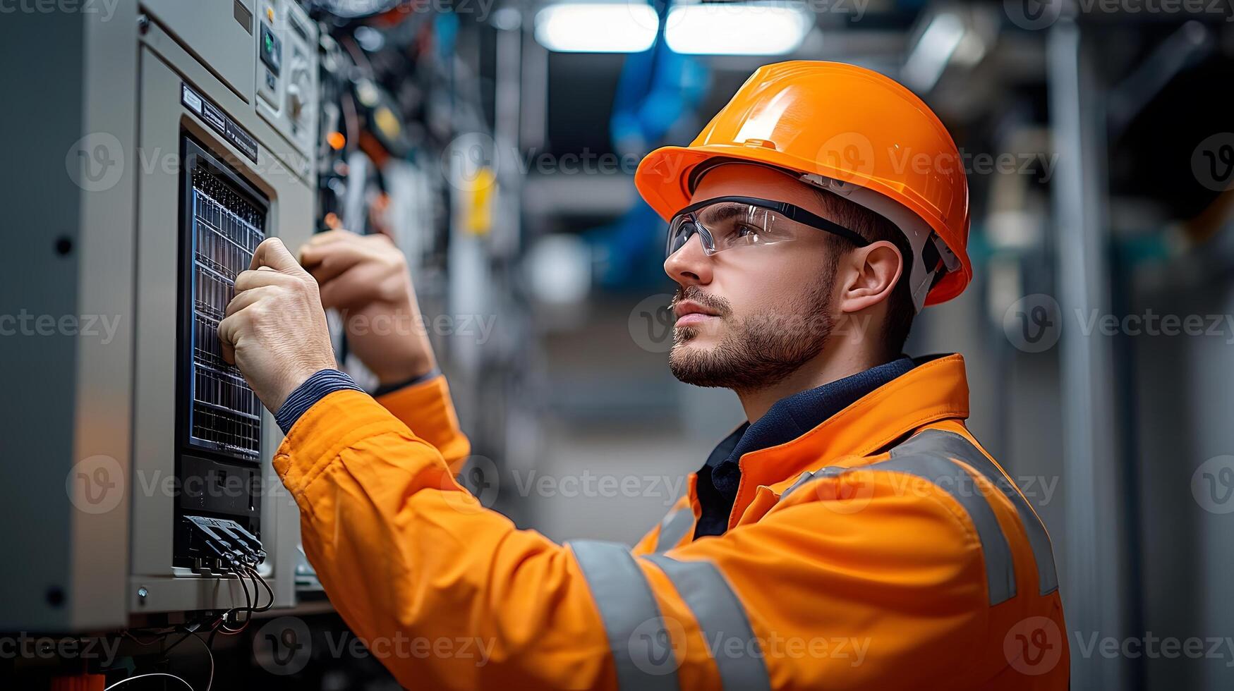 Industrial setting with a technician wiring solar panels to a high-capacity inverter, showcasing a clean energy installation with cutting-edge technology. photo