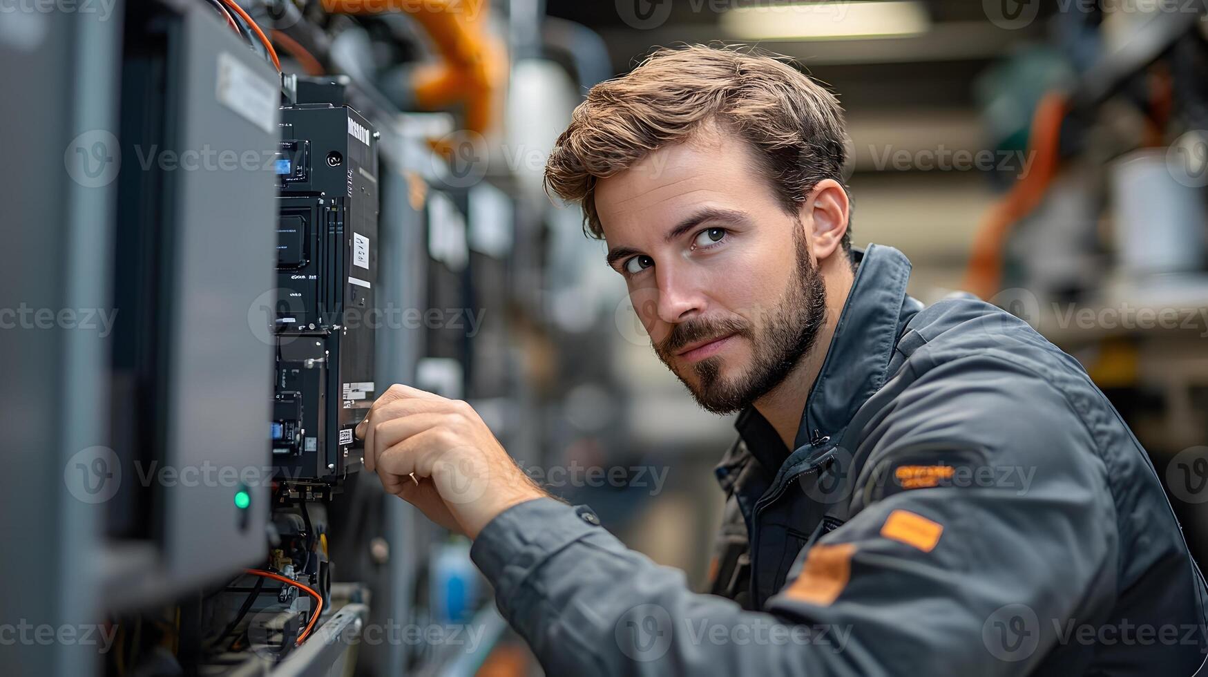 Clean energy expert wiring solar panels to a central inverter in a high-tech industrial facility, with the focus on the transformation to renewable energy. photo