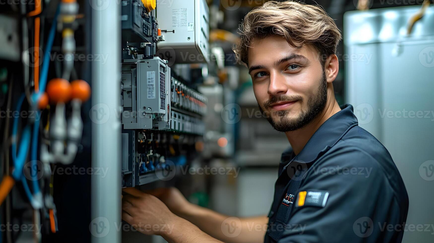 Clean energy installation technician configuring the inverter for solar panels, emphasizing the efficiency and precision required for large industrial setups. photo