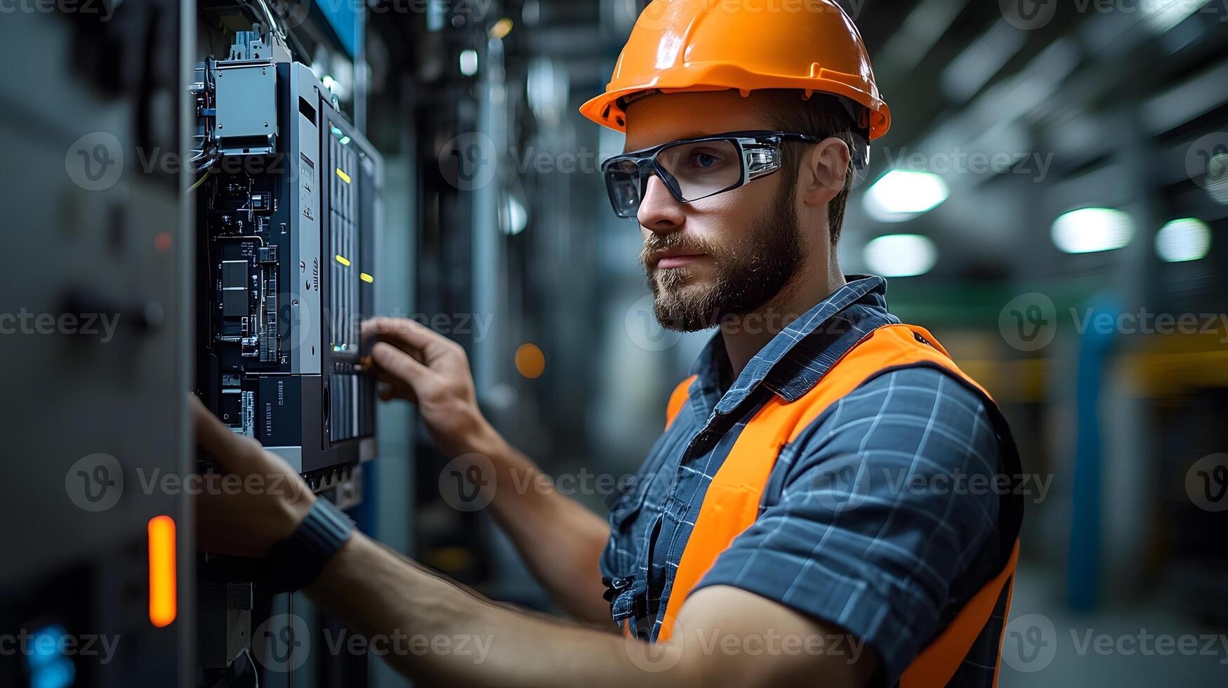 Solar installation specialist connecting solar panels to an inverter, optimizing energy output in a clean, organized industrial space, focusing on renewable energy integration. photo