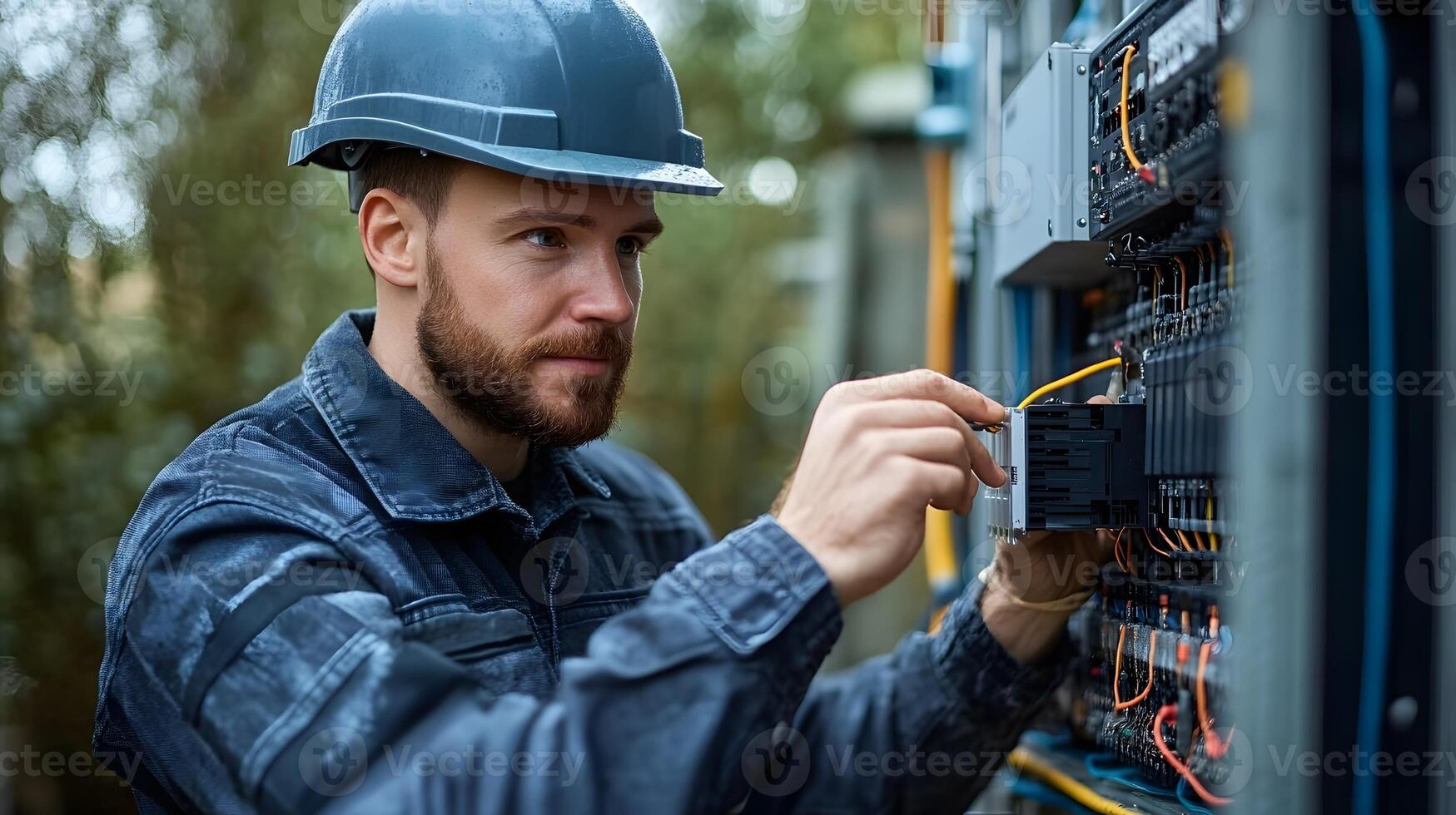 Industrial technician securing connections between solar panels and an inverter, working on-site to install a large-scale clean energy system with a modern backdrop. photo