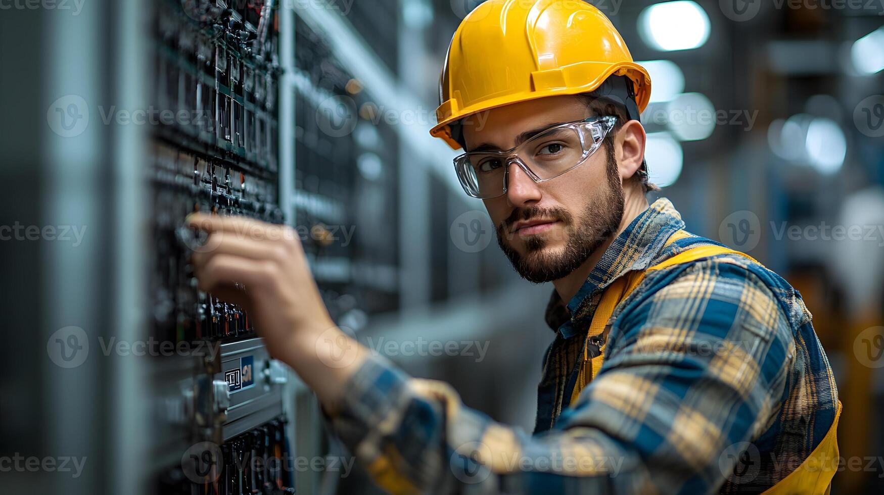 Expert technician installing solar equipment, linking solar panels to an inverter in a clean industrial workspace, driving the shift to renewable energy. photo