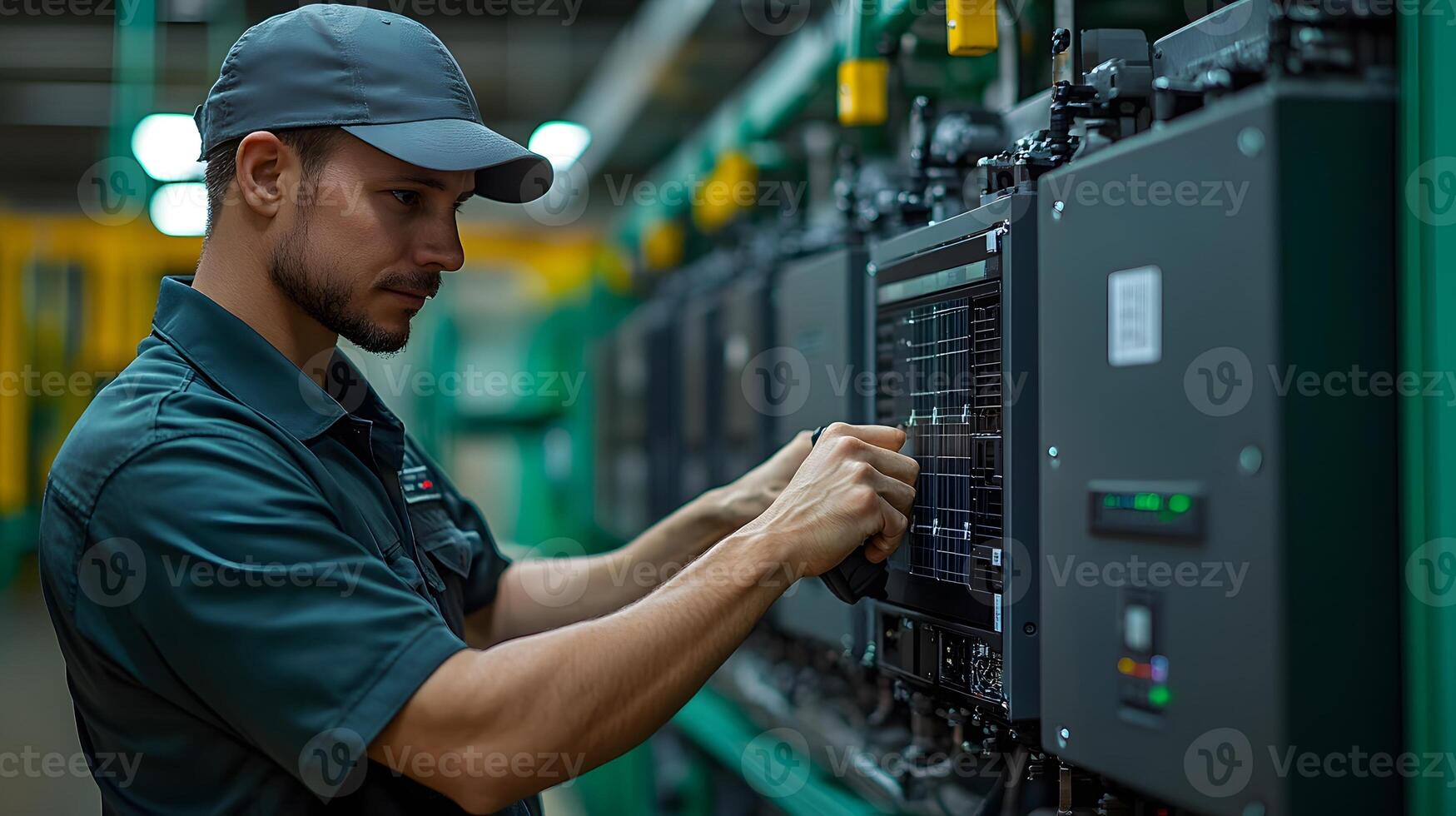 Solar energy technician installing an inverter for a large solar panel system, working efficiently in an industrial setting, capturing the essence of clean energy production. photo