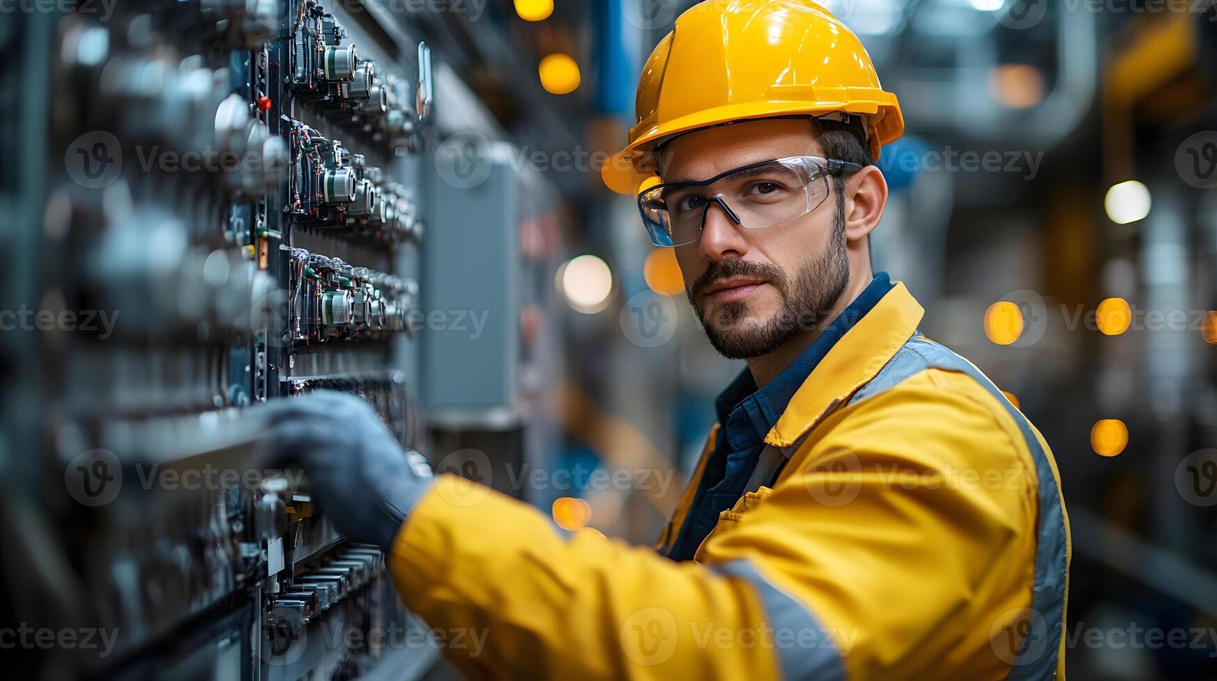 Technician managing the electrical connections of solar panels with an inverter, showing expertise in clean energy installations in a large industrial plant. photo