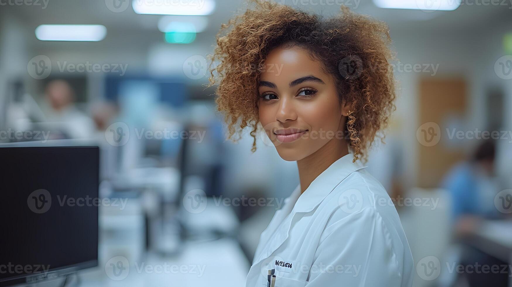 Health care professional using digital medical records in a clinic, enhancing patient care with technology photo