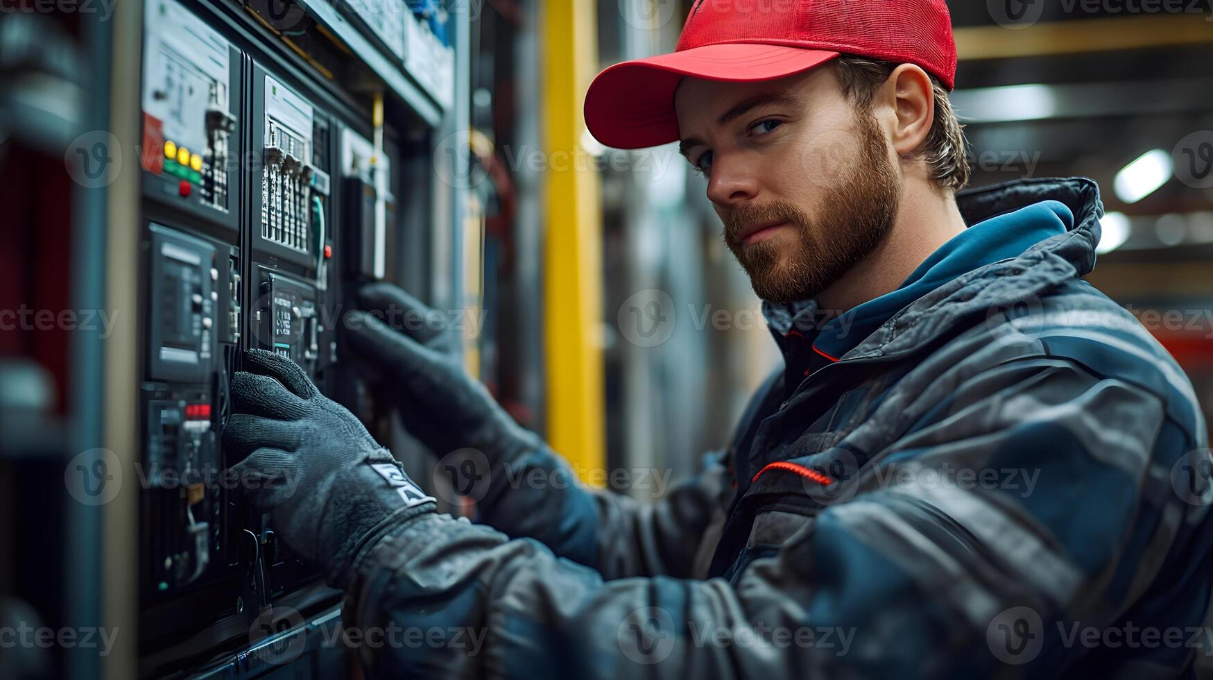 Professional technician wiring solar panels to a high-performance inverter, part of a broader clean energy system in an expansive industrial environment. photo
