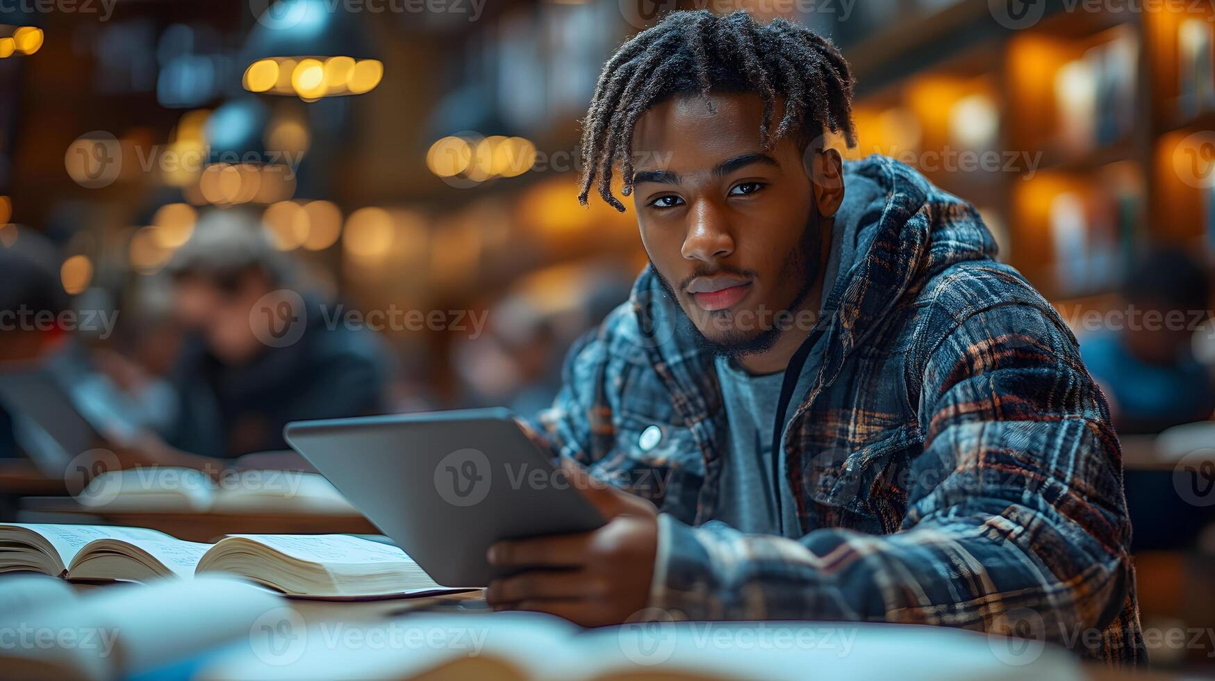 Student participating in an online course, taking notes on a tablet, while engaging with digital content on a screen photo