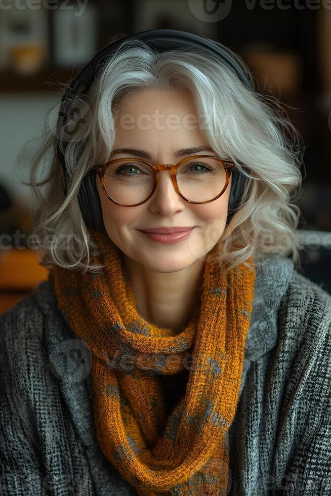 A happy older woman, wearing headphones, watching an educational webinar on her laptop. The setting includes a simple, organized desk space with tech devices nearby. photo