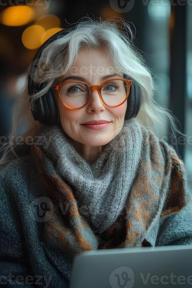 A happy older woman, wearing headphones, watching an educational webinar on her laptop. The setting includes a simple, organized desk space with tech devices nearby. photo