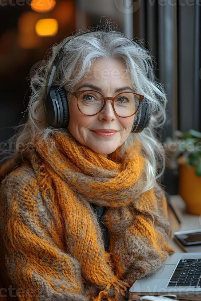 A happy older woman, wearing headphones, watching an educational webinar on her laptop. The setting includes a simple, organized desk space with tech devices nearby. photo