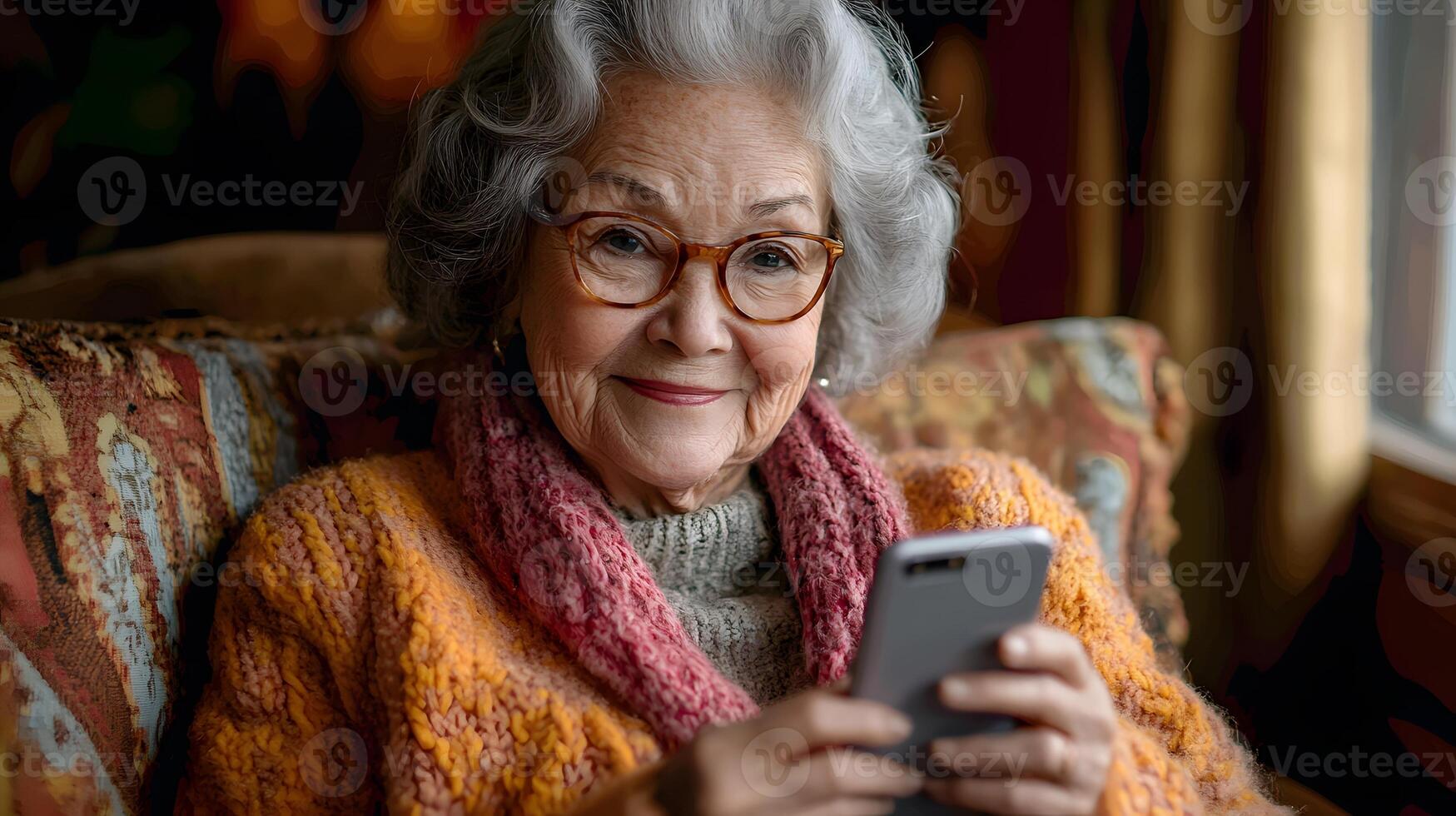 Smiling elderly woman seated on a sofa, holding her phone and reading a message. The soft light in the room creates a warm, peaceful atmosphere. photo