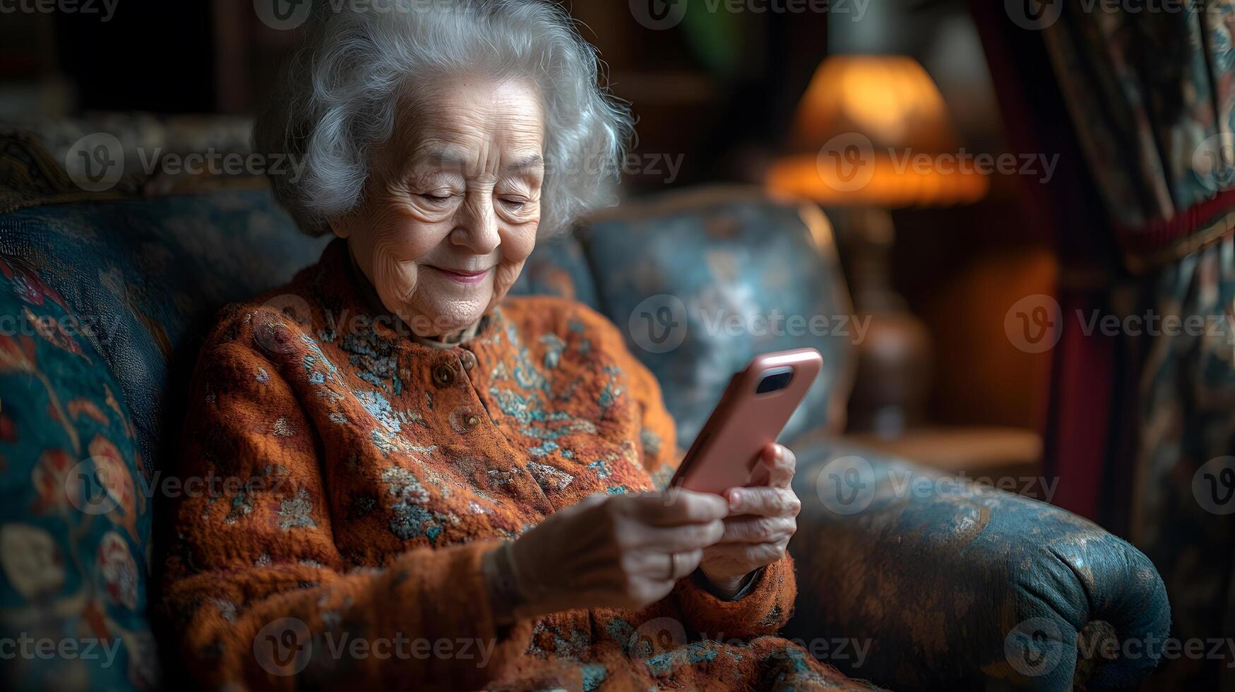 Smiling elderly woman seated on a sofa, holding her phone and reading a message. The soft light in the room creates a warm, peaceful atmosphere. photo