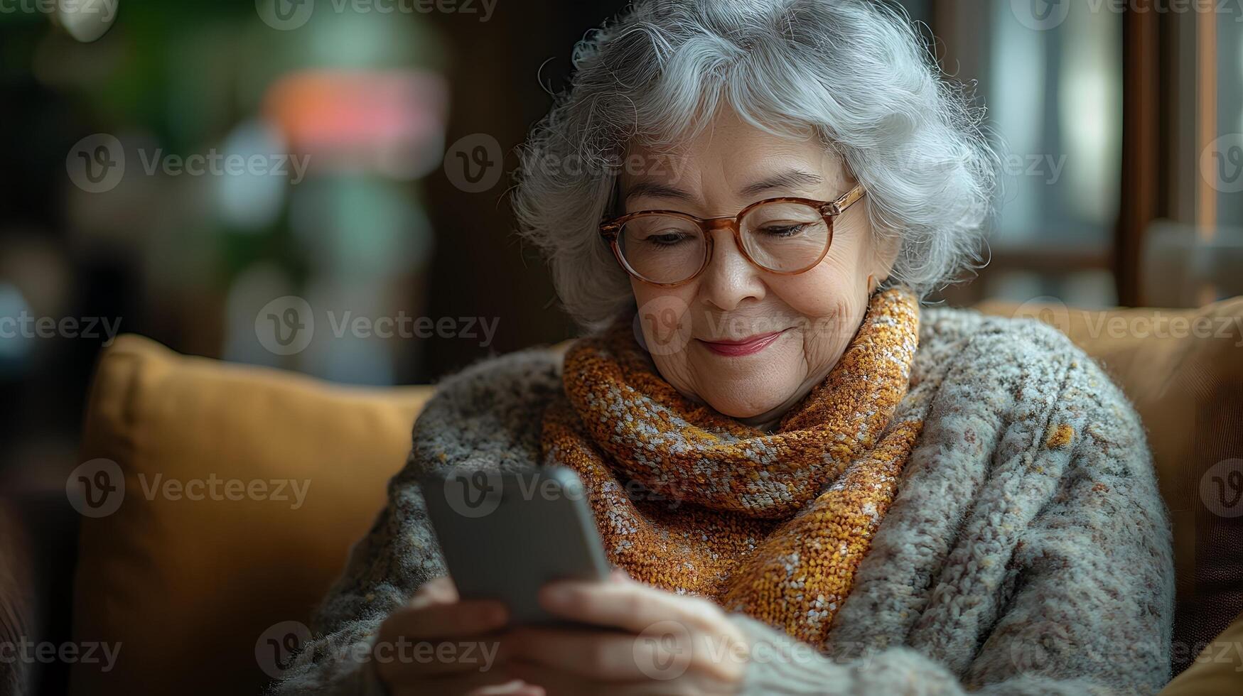 Cheerful senior woman seated on a sofa, using her smartphone to read a message. The bright, comfortable living room enhances the joyful atmosphere. photo