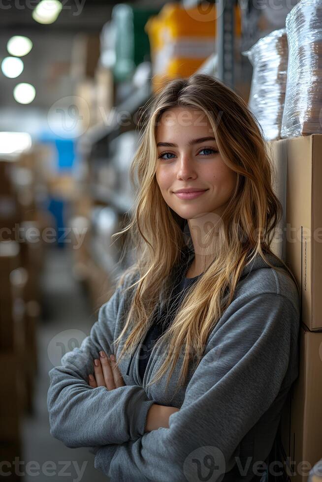 Woman happily organizing products in a logistics stockroom, standing near packed shipments. Bright, well-organized space reflects positive business growth. photo