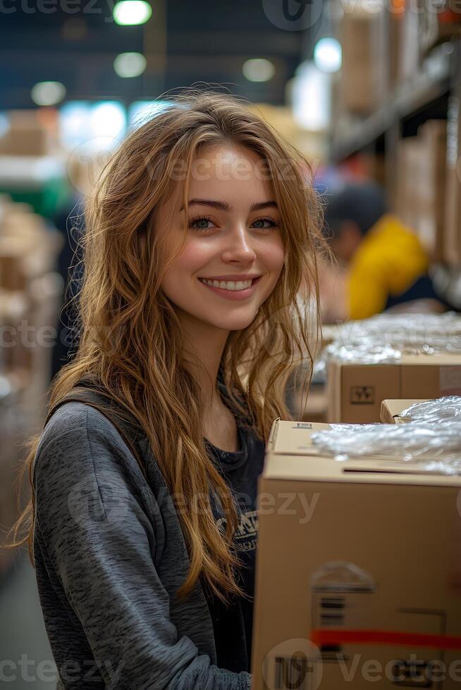 Woman with a happy expression working in an e-commerce stockroom, surrounded by packages ready for shipping. The space is well-organized, reflecting successful business growth. photo