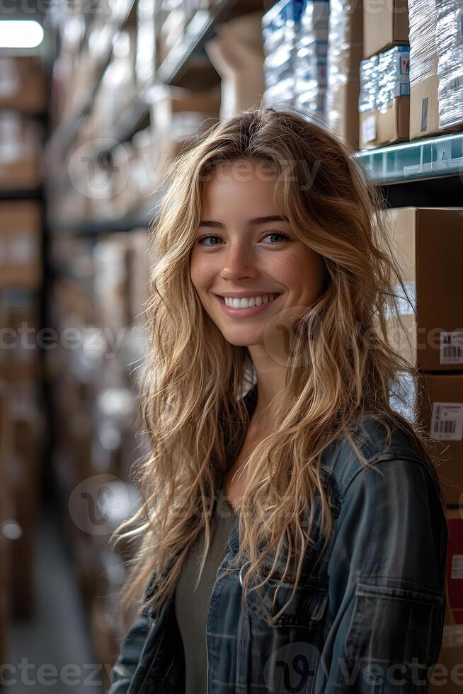 Smiling woman checking orders in a stockroom filled with packages, excited about growing sales. Shelves filled with products create a sense of business achievement. photo