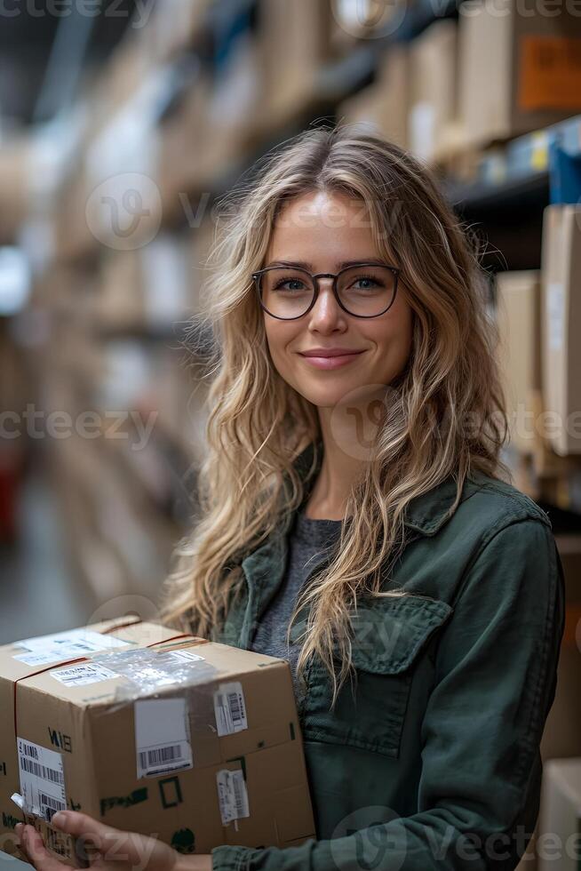 Woman with a joyful expression working in a logistics stockroom, holding packages and feeling proud of increased sales. The shelves behind her are well-stocked, showcasing business growth. photo