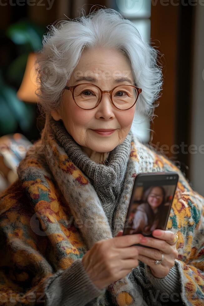 Senior woman looking at her phone camera, leading a call with family members. The inviting room setting enhances the moment of connection and joy. photo