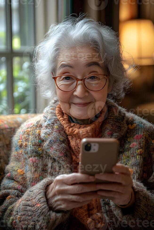 Elderly woman holding her phone, leading a conversation with family via call, sitting in a bright and warm room, reflecting her ease with technology. photo