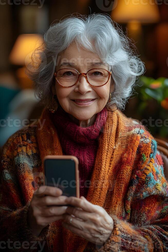 Elderly woman holding her phone, leading a conversation with family. The cozy atmosphere of the room highlights her ability to connect with loved ones through modern apps. photo