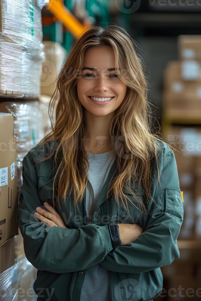Cheerful woman checking orders in a logistics stockroom, standing near packed shipments. Bright lighting and organized shelves reflect business growth. photo