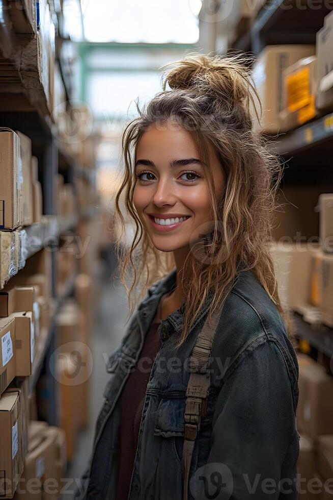Woman excitedly managing inventory in an e-commerce stockroom, surrounded by boxes ready for shipment. Organized shelves and bright lighting reflect her business growth. photo