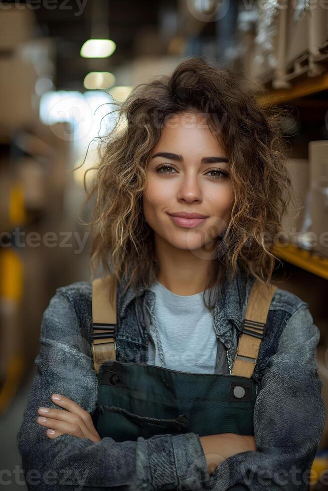 Woman happily working in logistics, standing near boxes in a stockroom, feeling excited about her growing business. Organized shelves and bright lighting reflect the progress. photo