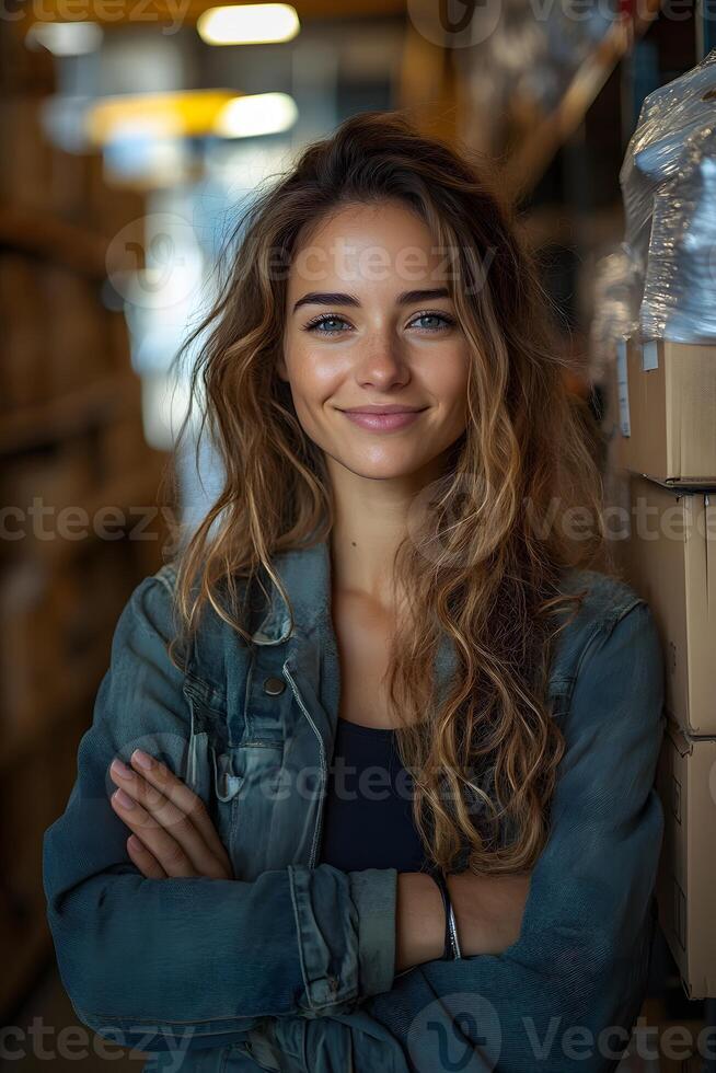 Smiling woman managing a stockroom filled with organized boxes, feeling proud of her business success. Bright lighting and well-stocked shelves create a sense of accomplishment. photo
