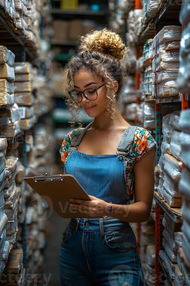 Happy woman working in an e-commerce stockroom, holding a clipboard while checking inventory. Shelves filled with neatly stacked packages, showcasing business success. photo