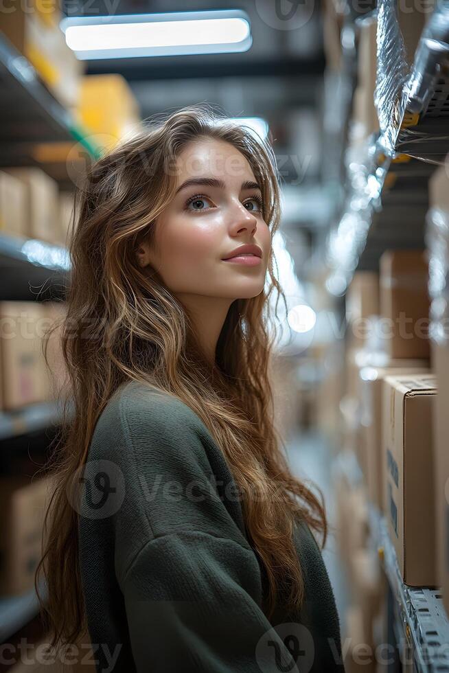 Woman excitedly managing inventory in an e-commerce stockroom, surrounded by boxes ready for shipment. Organized shelves and bright lighting reflect her business growth. photo