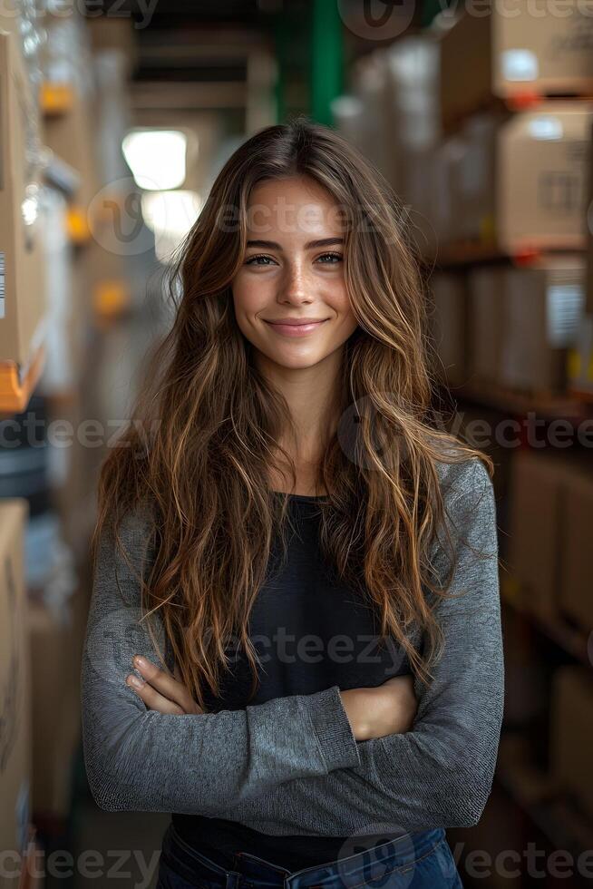 Smiling woman standing in a busy logistics stockroom, surrounded by neatly organized boxes, feeling proud of business growth. Bright lighting emphasizes the productive atmosphere. photo