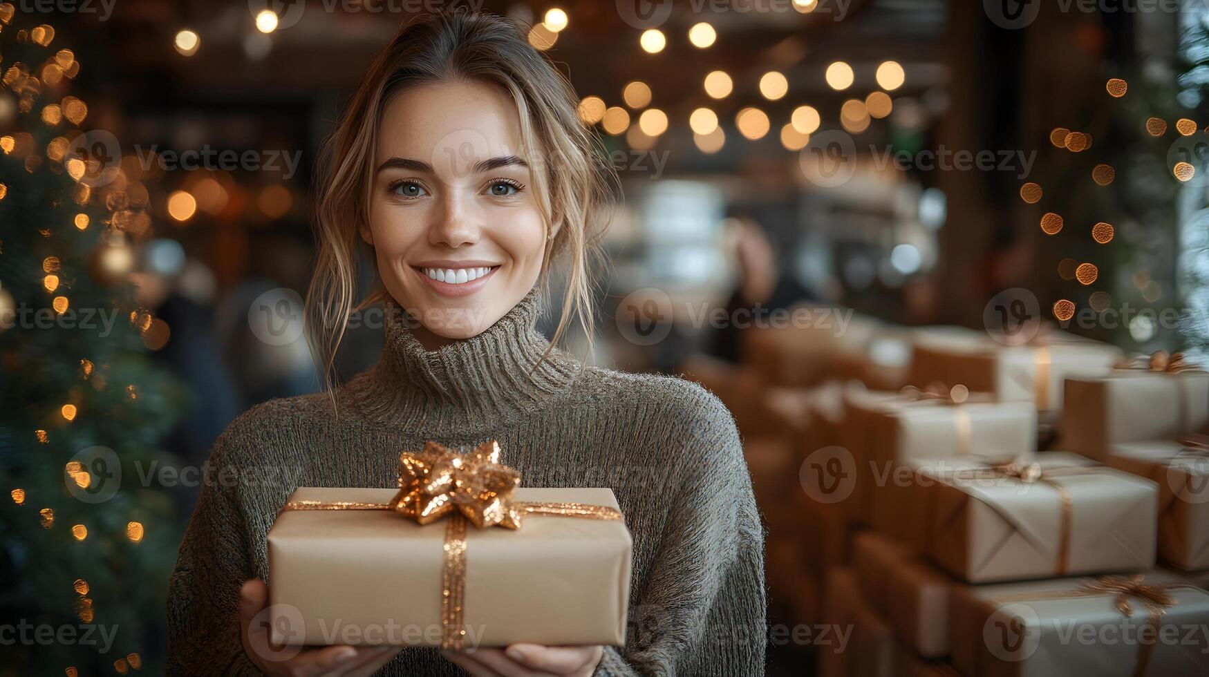 Office workers exchanging Christmas gifts in a festive decorated workspace photo