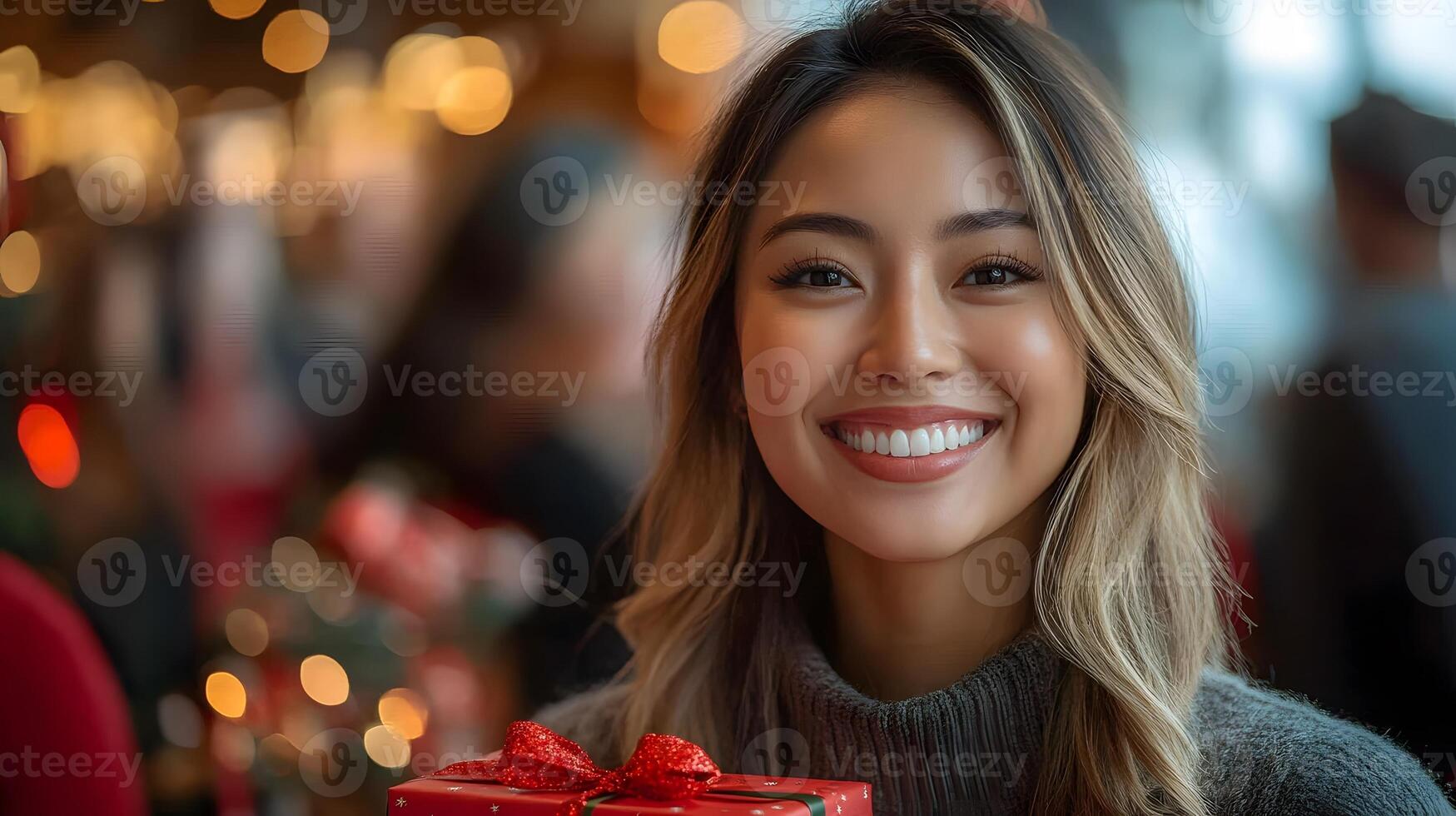 Corporate Christmas event with coworkers exchanging holiday gifts and smiles photo