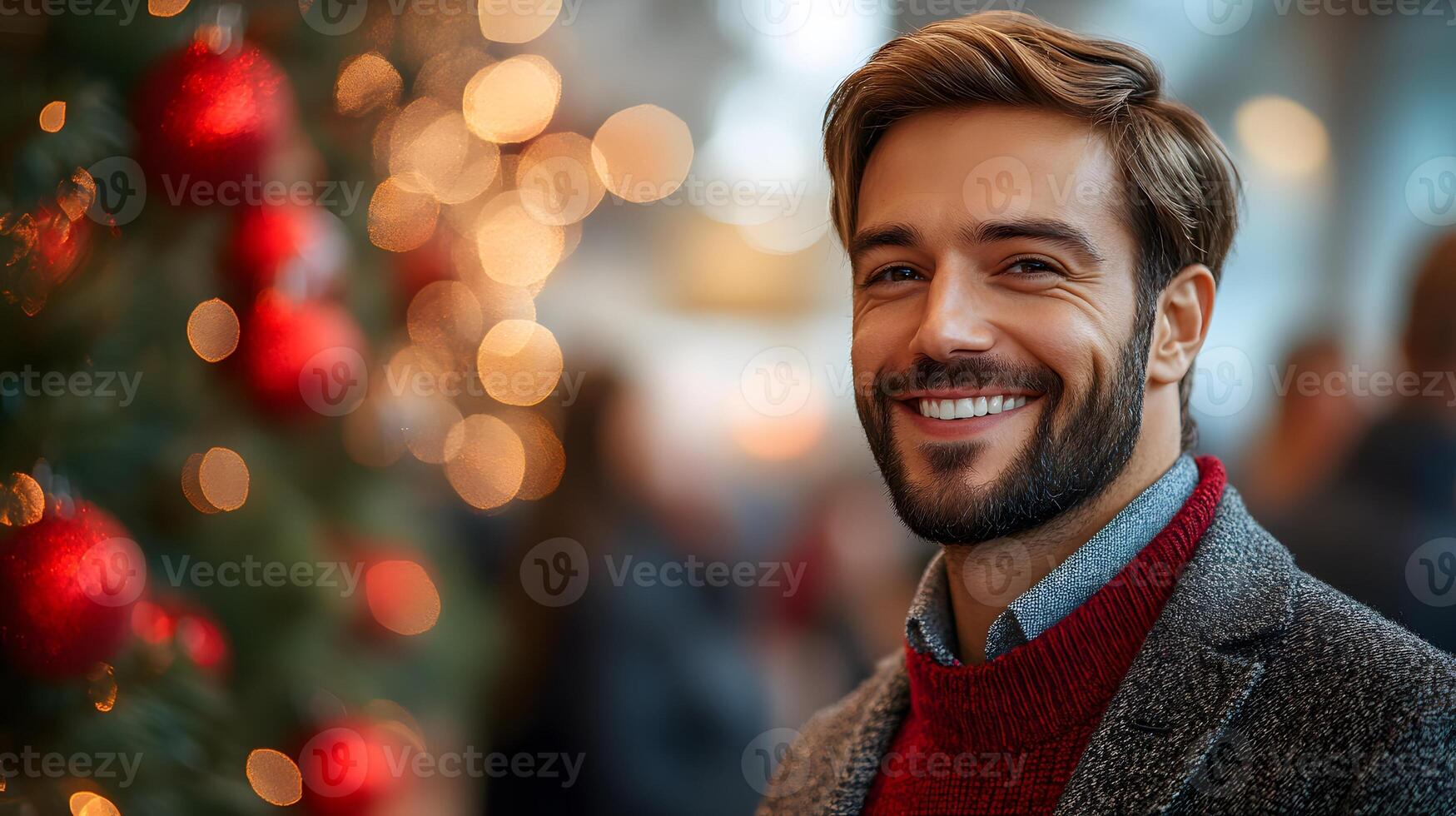 Corporate holiday event with Christmas decorations and happy employees photo