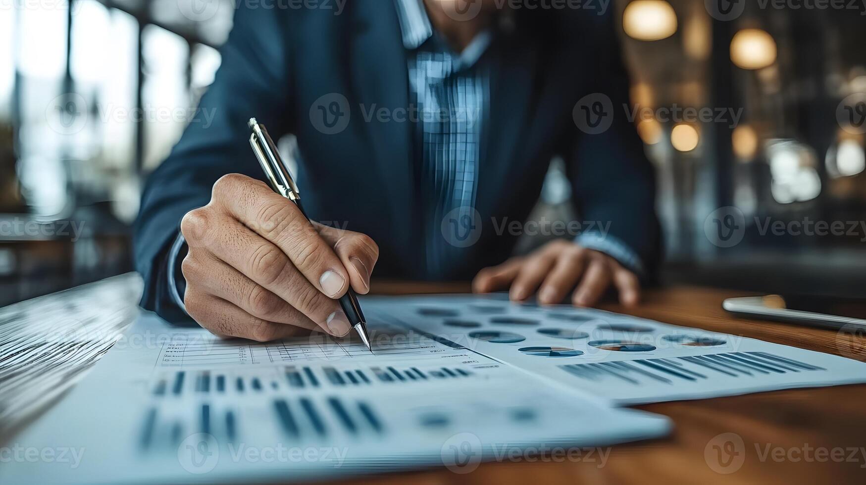 Close-up of business owner reviewing financial documents and charts photo