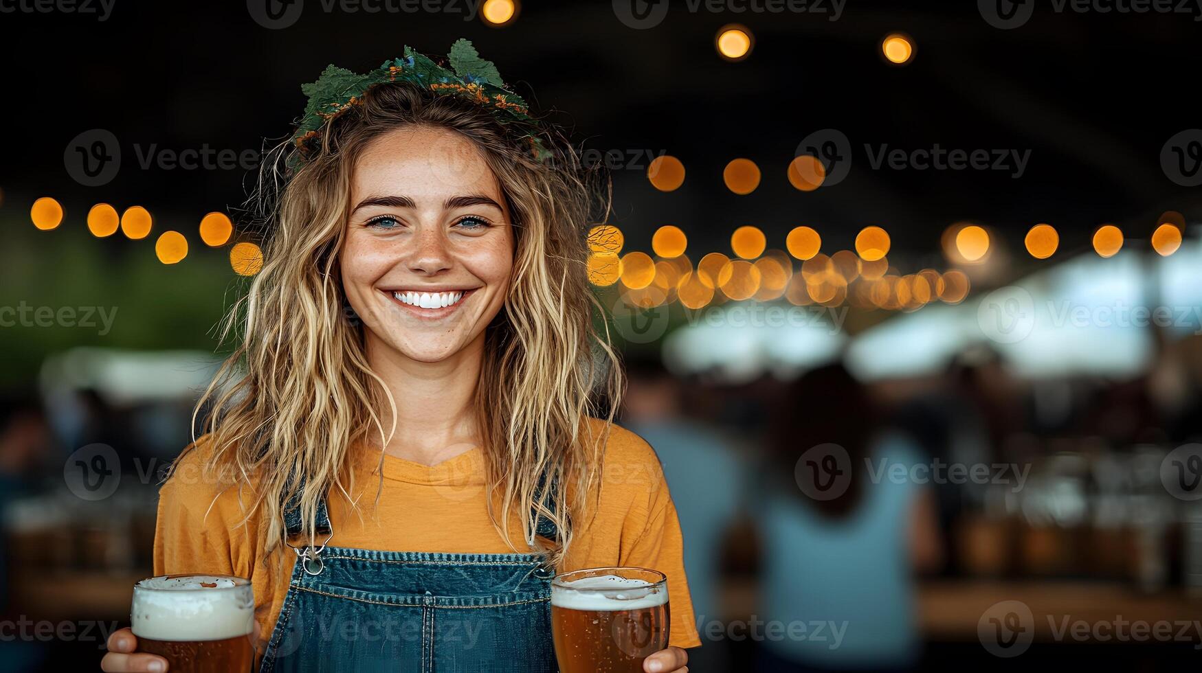 Large Oktoberfest beer tent with rows of tables filled with steins of beer and cheerful people in traditional Bavarian clothing photo