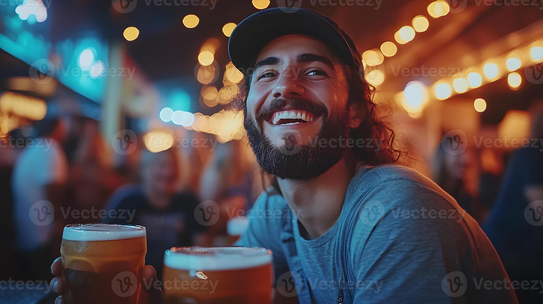 Large Oktoberfest beer tent with rows of tables filled with steins of beer and cheerful people in traditional Bavarian clothing photo