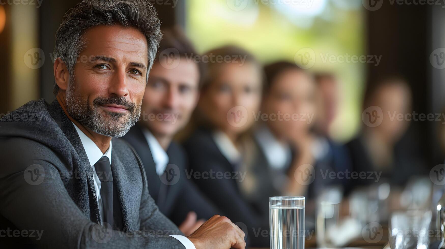 A group of executives discussing mergers and acquisitions during a high-level business meeting photo